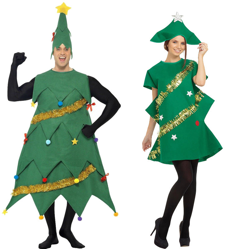 Two people in festive Christmas tree costumes. The left outfit features ornaments and a star hat, while the right has tinsel and a silver star. Both wear black leggings.