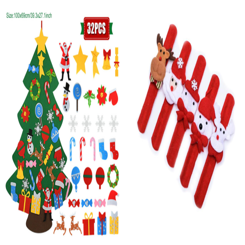 Felt Christmas tree set with 32 decorations, including Santa, stars, snowflakes, and candy canes. Accompanied by red snap bracelets featuring reindeer, Santa, and polar bear designs.
