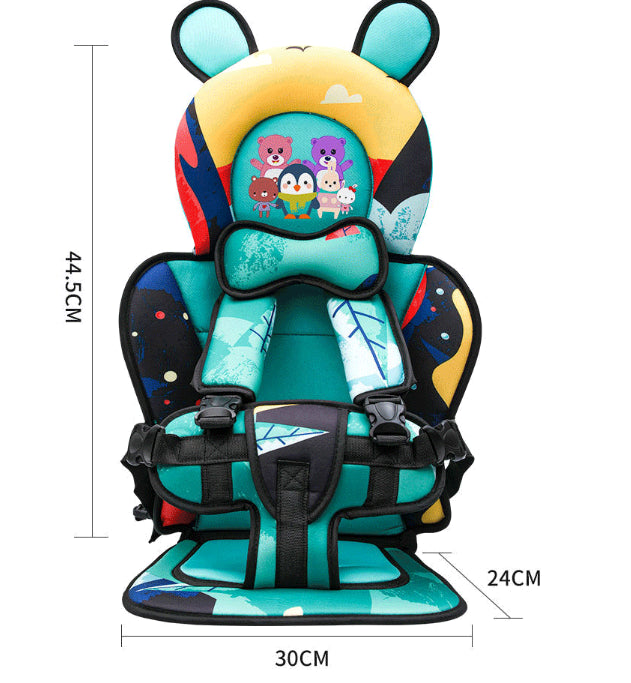 Colorful child car seat with bear ear design, featuring cartoon animals. Dimensions: 44.5 cm height, 30 cm width, and 24 cm depth. Includes padded straps and harness.