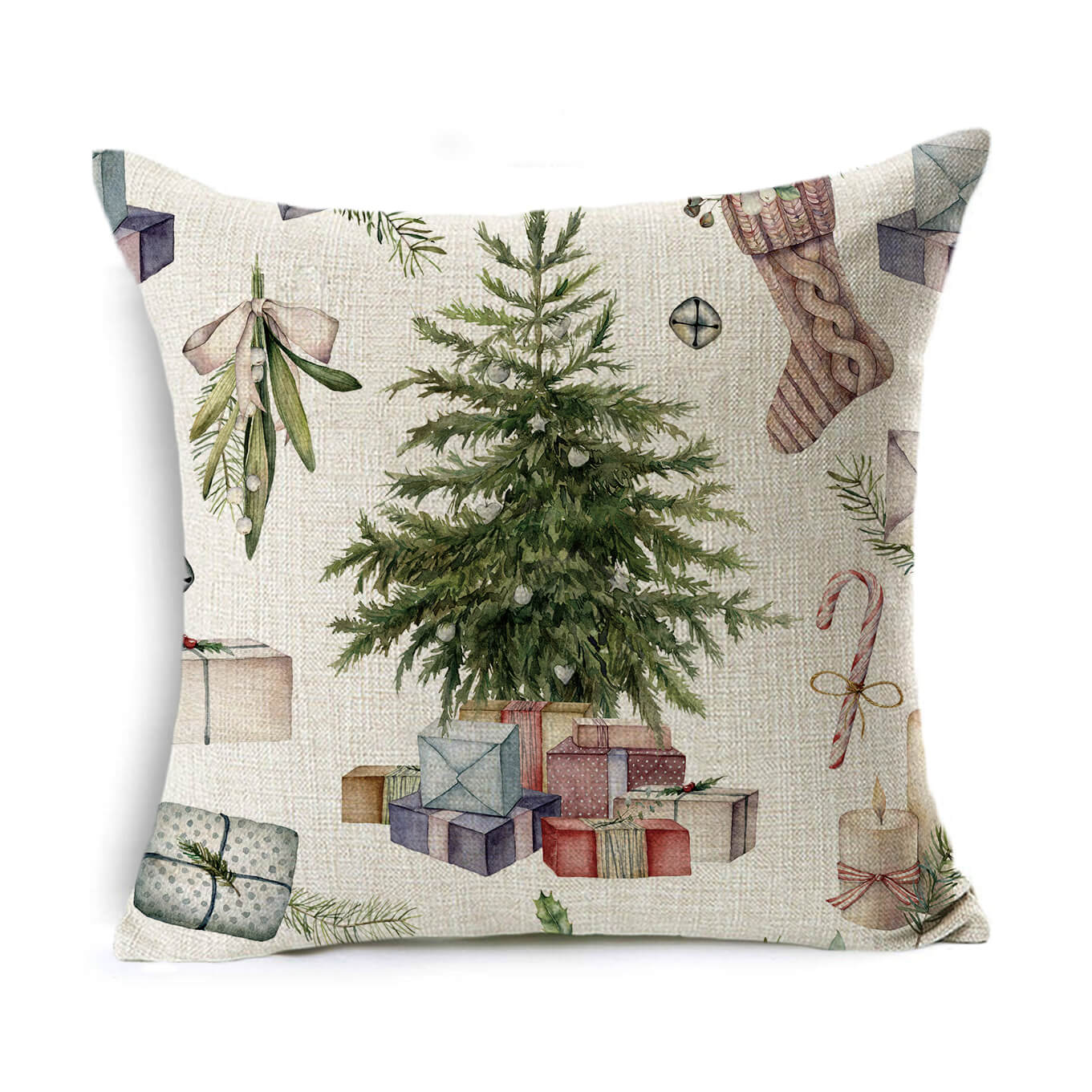 Festive cushion featuring a Christmas tree surrounded by colorful gifts, stockings, mistletoe, candy canes, and candles on a beige textured background.