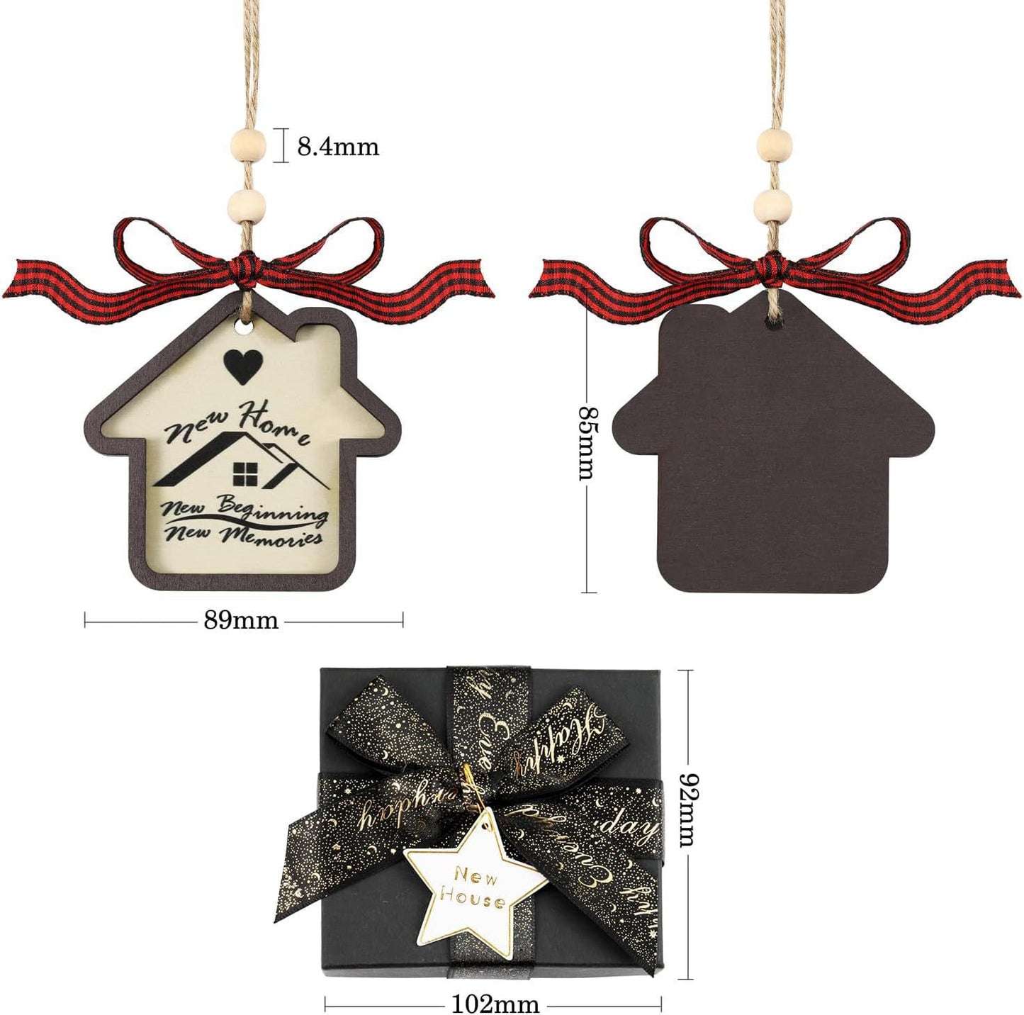 House-shaped ornaments with red ribbons, one with "New Home, New Beginning, New Memories" text, another plain. Below, a black gift box with a star tag and "New House" text.