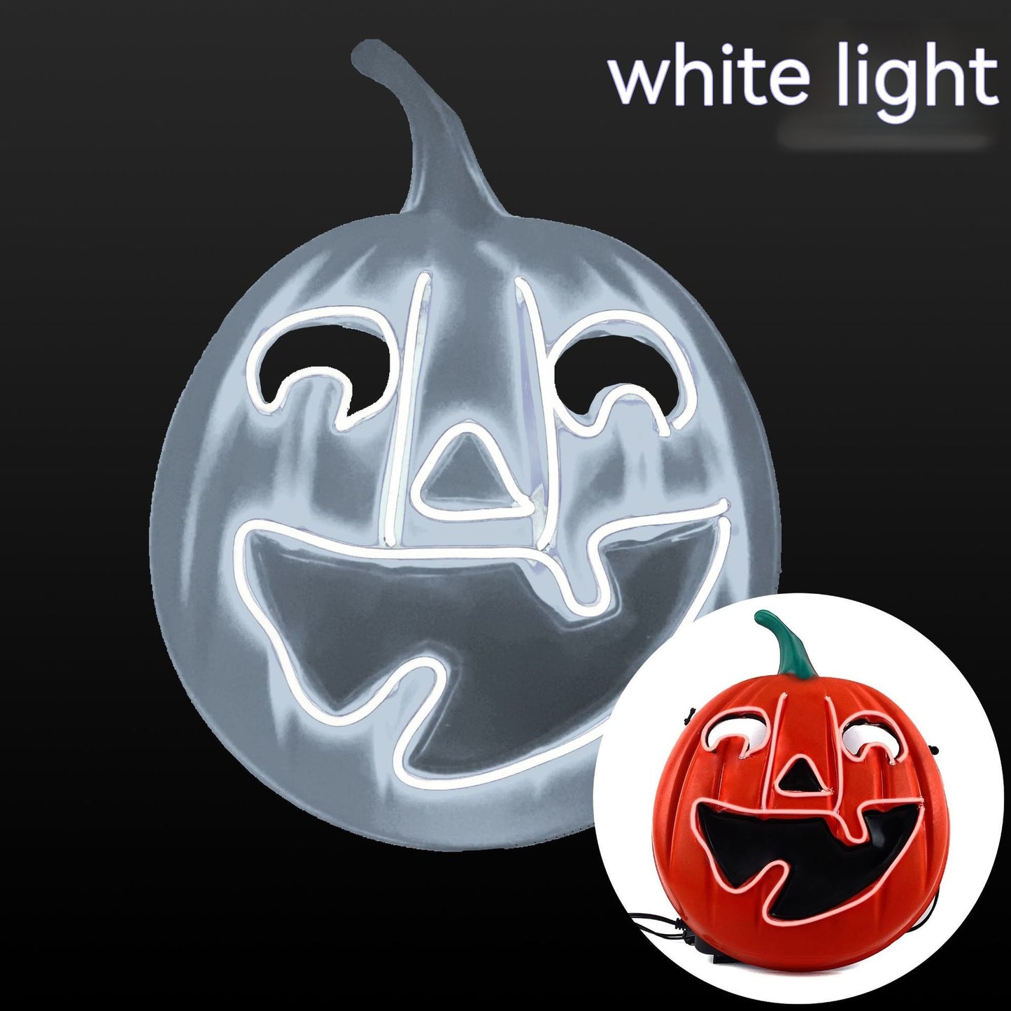 White neon-lit jack-o'-lantern on a black background with a smaller red version in the corner. The glowing pumpkin features a smiling face with cut-out eyes and mouth.