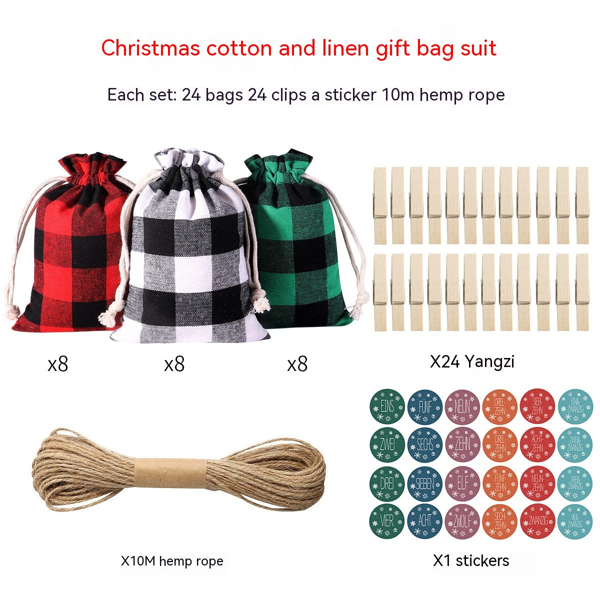 Christmas gift bag set includes 24 plaid bags (red, black, green), 24 wooden clips, 10m hemp rope, and sticker sheet with numbered circles for an advent calendar.