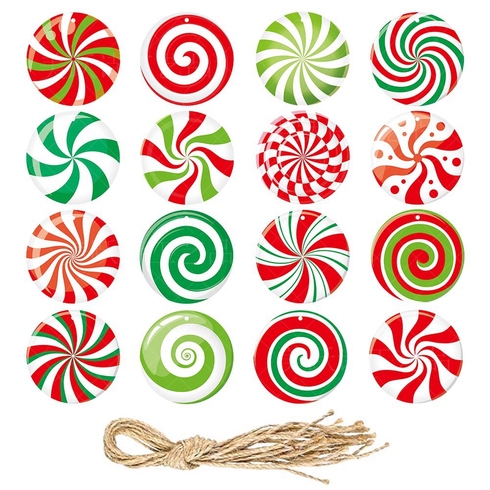 Sixteen circular peppermint ornament designs in red, green, and white patterns, with a bundle of twine for hanging.