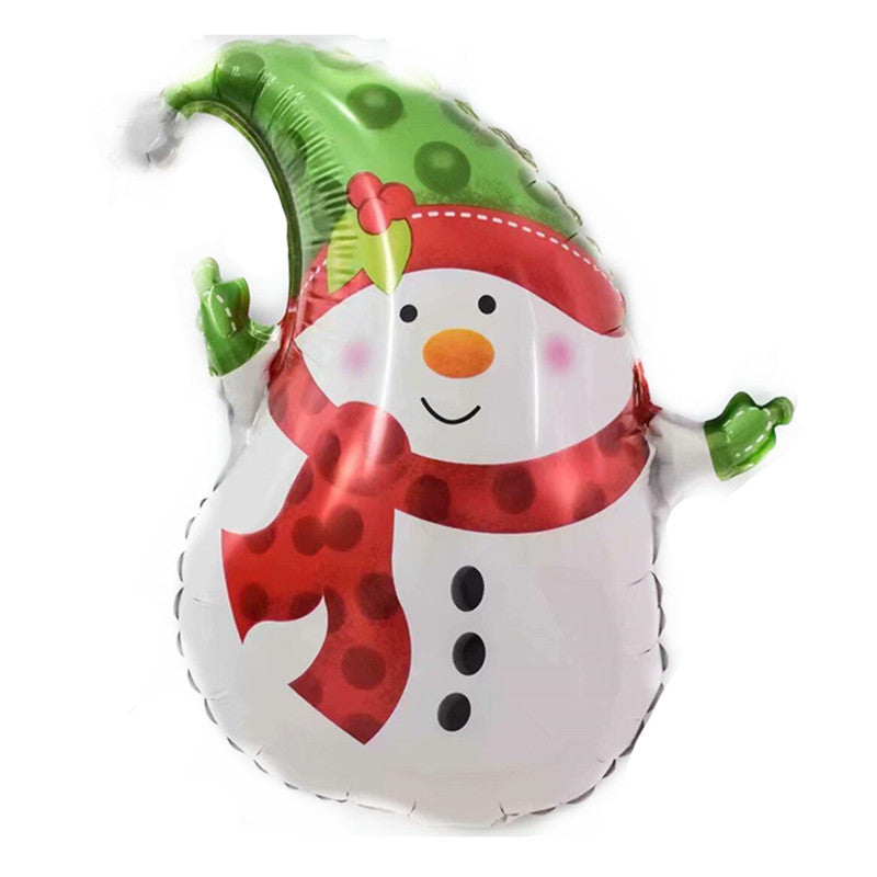 Festive snowman foil balloon wearing a green, spotted hat and a red scarf. The snowman has a cheerful expression, orange nose, pink cheeks, and stick-like green mittens.