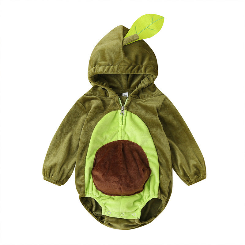 Baby avocado costume with a green body, a zipper front, and brown pit detail. Includes a hood with a leaf on top. Long sleeves and snap closures at the bottom.