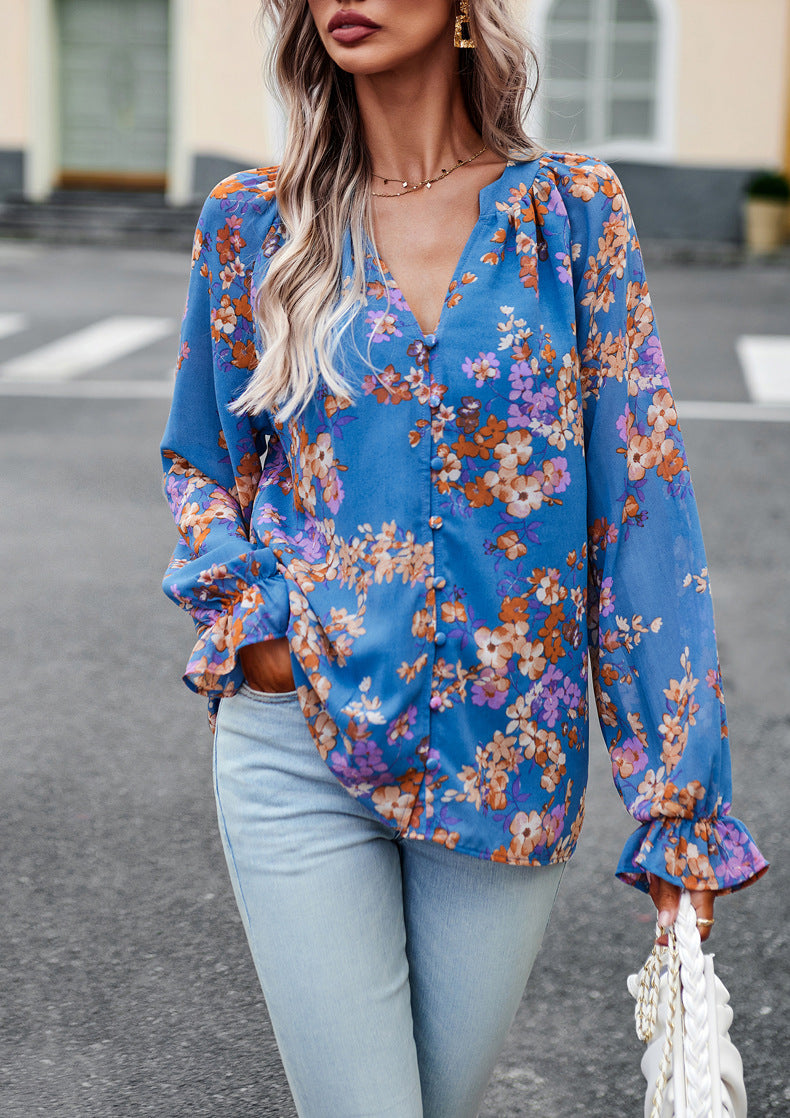 Floral V-Neck Chiffon Blouse