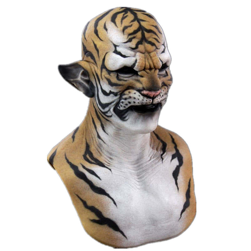 Mask of a humanoid tiger with realistic features, showing orange fur, black stripes, and sharp ears. The mask covers the head and shoulders, creating a fierce expression.