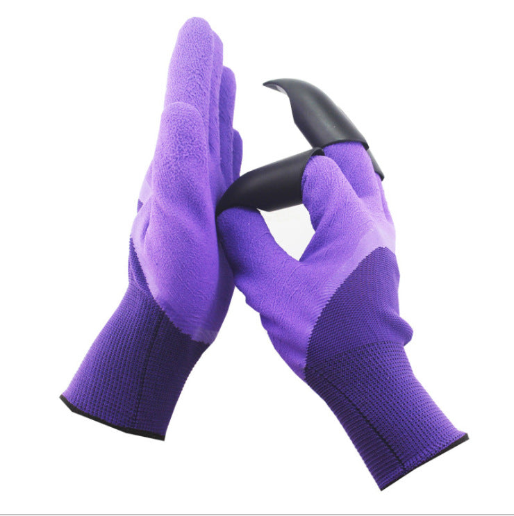 Purple gardening gloves with black plastic claws on the fingertips, designed for digging and planting, held together against a white background.