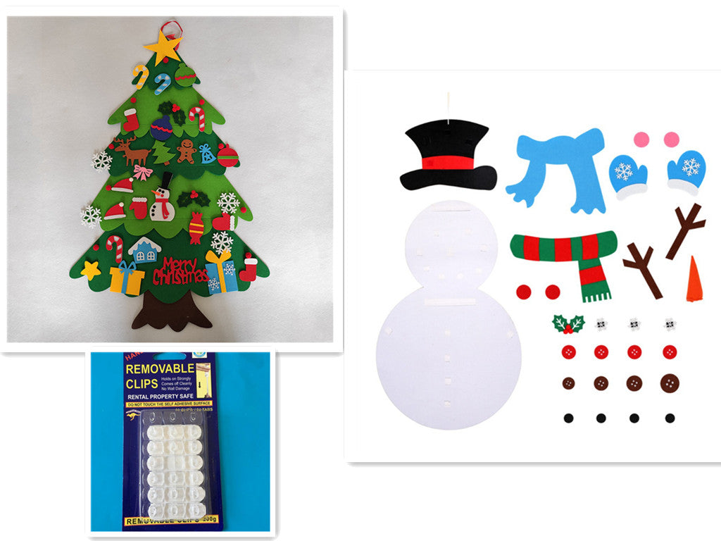 Felt Christmas tree with colorful ornaments, a snowman craft kit with accessories, and a pack of removable clips on a blue background, ready for holiday decorating.