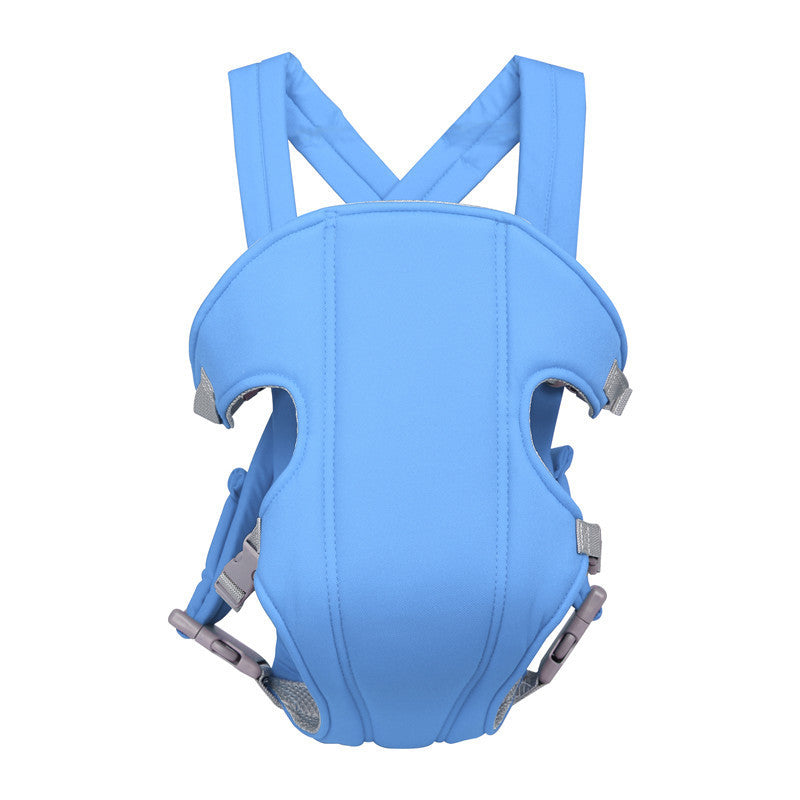 A light blue baby carrier with adjustable straps and side clasps. It features ergonomic design for comfort and safety, suitable for carrying infants and small toddlers.