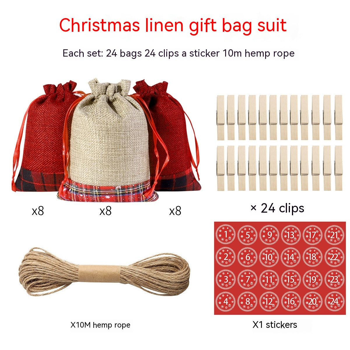 Christmas linen gift bag set includes eight red and plaid bags, eight beige plaid bags, eight red bags, 24 wooden clips, one red sticker sheet, and 10m hemp rope.