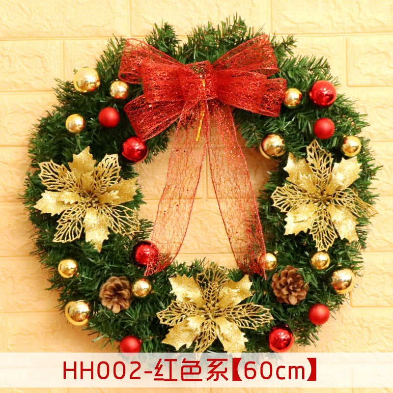 Festive Christmas wreath with gold poinsettias, red and gold baubles, pinecones, and a large red bow on a green background. Text reads "HH002-red series (60cm)."