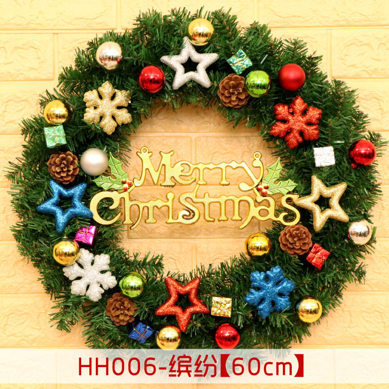 Festive Christmas wreath with gold "Merry Christmas" text and ornaments like stars, snowflakes, pinecones, and colorful balls on a green background. Text reads "HH006-缠绕【60cm】".
