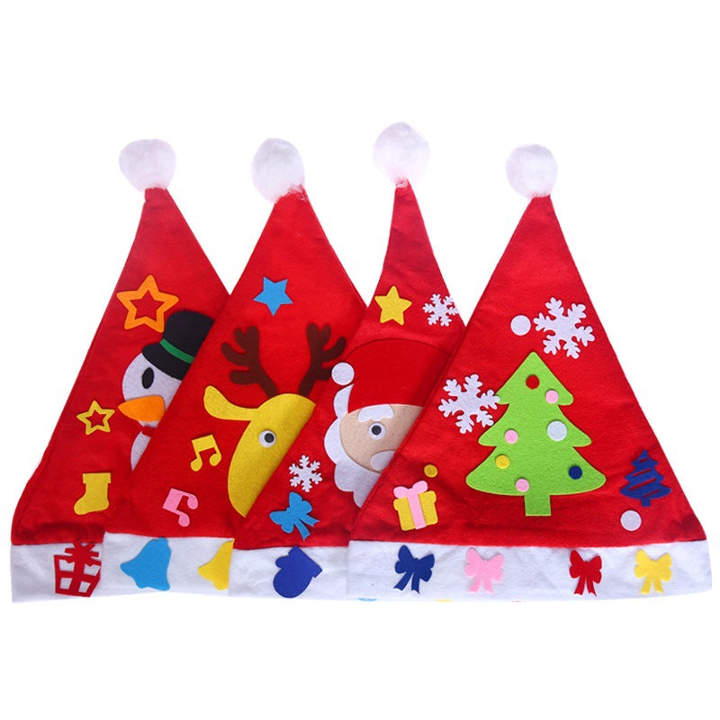 Four festive red Santa hats decorated with Christmas motifs: a snowman, reindeer, Santa face, and Christmas tree. Each hat features colorful felt decorations.