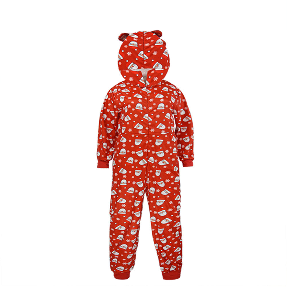 Red children's onesie with hood featuring a playful pattern of Santa faces and snowflakes. The onesie has long sleeves, a zipper front, and fabric ears on the hood.