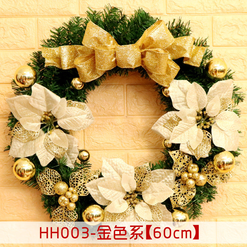 Festive wreath with gold bow and accents, white poinsettias, and gold baubles on a green pine base. Product code and size text below reads "HH003-金色系【60cm】".