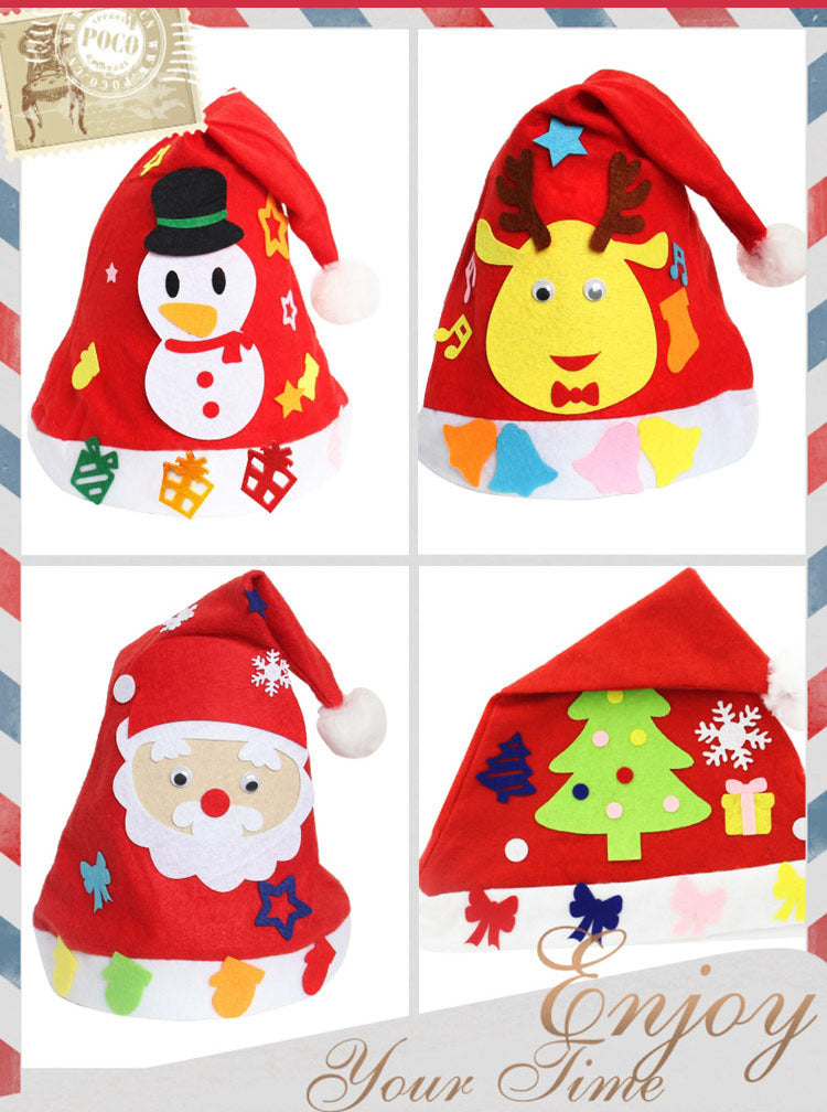 Four festive Santa hats with playful designs feature a snowman, reindeer, Santa Claus, and Christmas trees. Each hat is decorated with colorful felt cutouts and a white pom-pom.