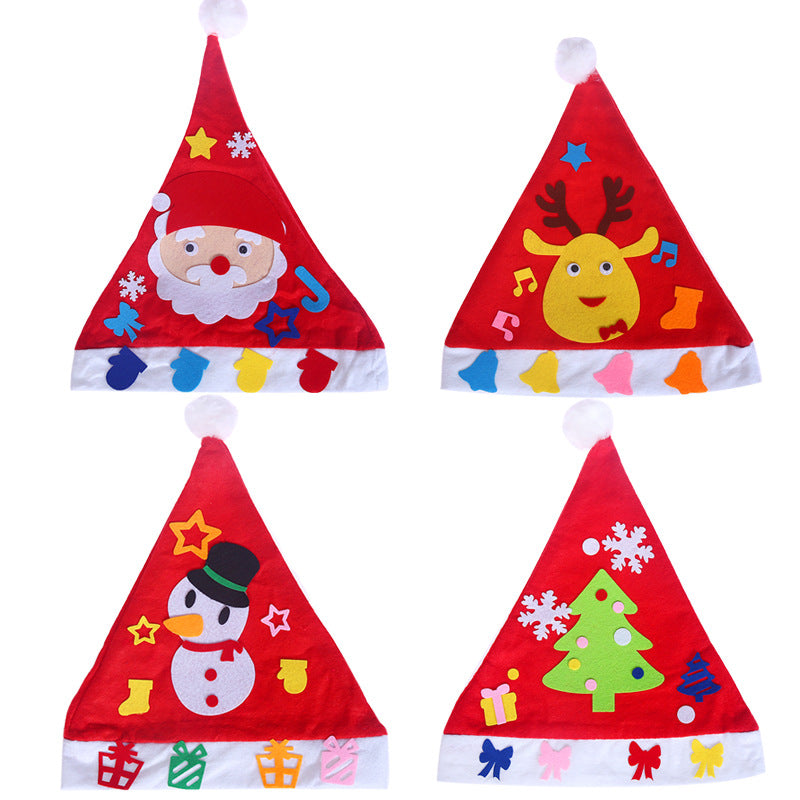 Four festive Santa hats with playful designs: one with Santa, one with a reindeer, one with a snowman, and one with a Christmas tree, each adorned with colorful decorations.