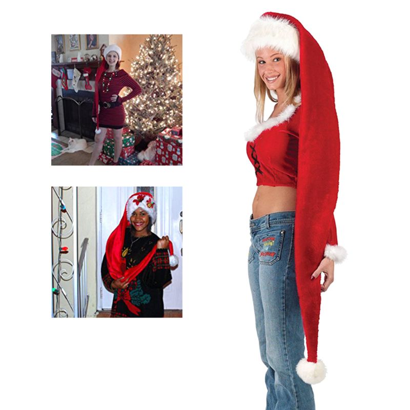 Three women wearing festive Santa hats with long red tails, each styled differently. One poses by a Christmas tree, another outside, and one in a red top and jeans.