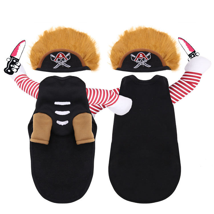 Pirate-themed pet costume with faux arms holding knives, red-striped sleeves, brown belt accents, and a skull-and-crossbones headband with orange hair.