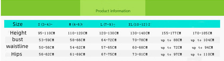 Size chart with columns for S to XXL, detailing measurements in centimeters for height, bust, waistline, and hips. Sizes range from 95-185cm in height and up to 110cm in hips.