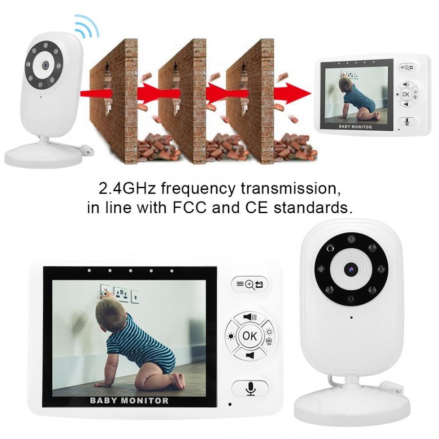 Baby monitor with camera and receiver shows video of crawling baby. Features 2.4GHz frequency transmission capable of penetrating walls, compliant with FCC and CE standards.