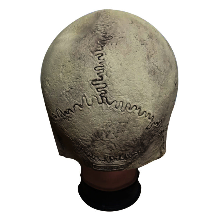 Stone head sculpture with intricate, curving grooves resembling cranial sutures. The piece has an aged appearance, with a rough, textured surface and a dark base.