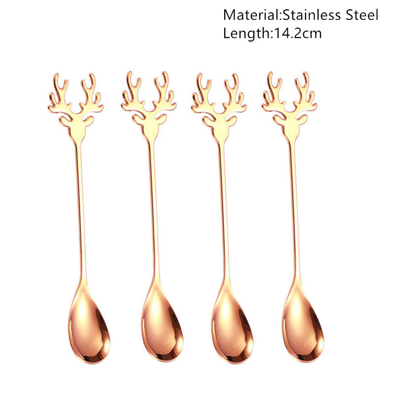 Four rose gold stainless steel spoons with reindeer-shaped handles, each 14.2 cm long. The elegant design combines festive decoration with functionality.