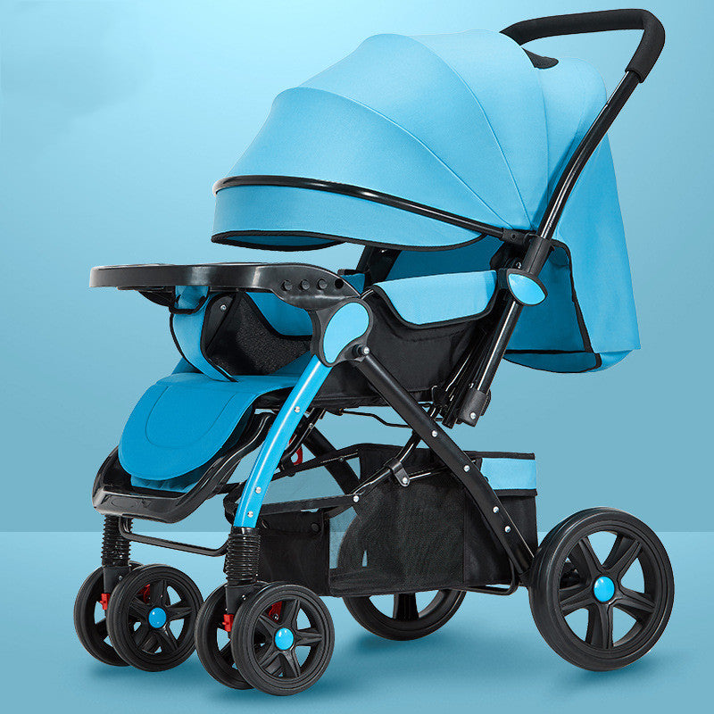 Blue baby stroller with a canopy and black frame. It features four wheels, a foot rest, and a storage basket underneath. Designed for comfort and convenience.