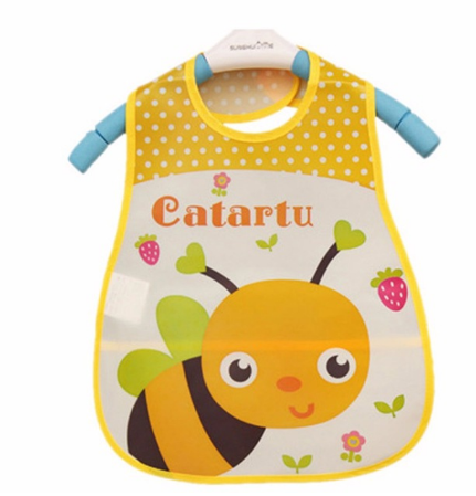 Yellow bib featuring a cute bee design with strawberries and flowers. The background has white polka dots on yellow and the word "Catartu" printed at the top.