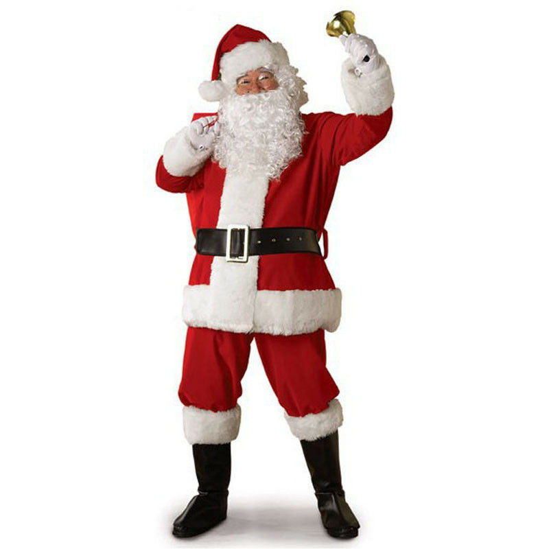 Santa Claus in a red suit with white trim and black boots, holding a gold bell in one hand and gesturing with the other, smiles on a plain white background.