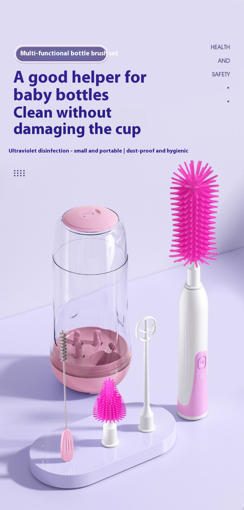 Multi-functional baby bottle brush set with UV sterilizer, featuring pink and white brushes on a stand. Text reads "A good helper for baby bottles, Clean without damaging the cup."