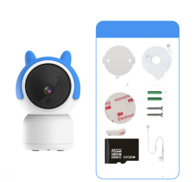 Indoor security camera with blue accents beside installation accessories: mounts, screws, adhesive pads, USB cable, and a 64GB microSD card.
