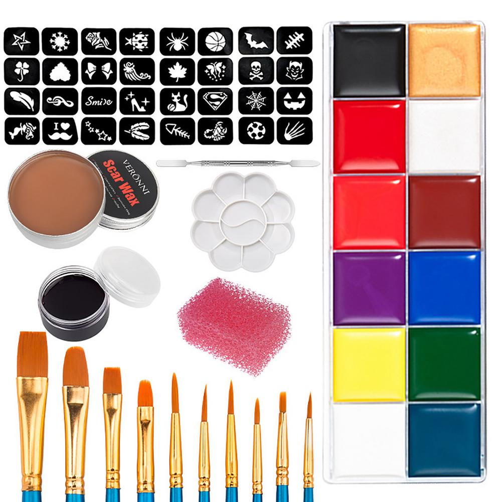 Face painting kit with nine colorful paints, a variety of brushes, stencils, scar wax, sponges, and a mixing palette.