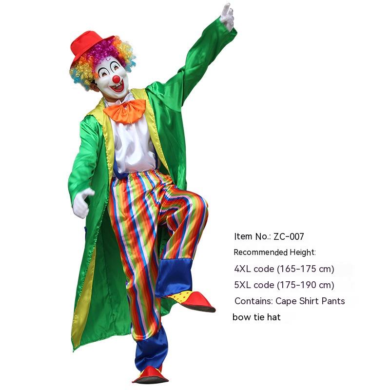 Clown in a vibrant outfit with a green cape, rainbow wig, red hat, striped pants, and orange bow tie, striking a playful pose. Text lists costume details.