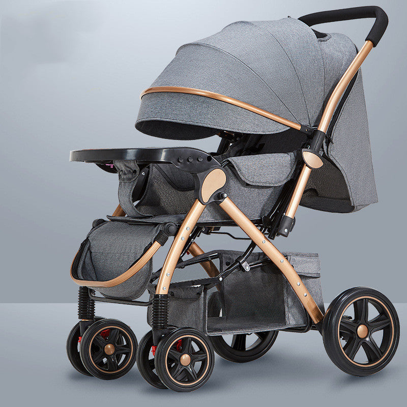 A stylish baby stroller with a gray canopy and seat, gold frame, and black handles. Features include a tray, storage basket, and four sturdy wheels, ideal for outings.