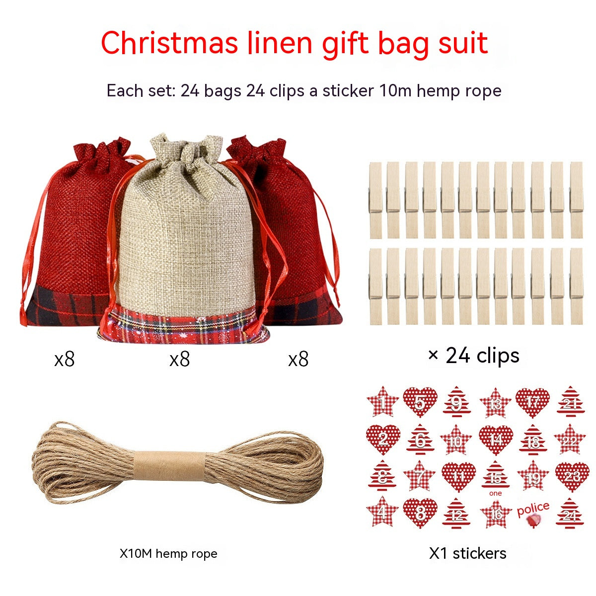 Christmas linen gift bag set with 24 bags in red and beige plaid, 24 clothespin clips, a roll of 10m hemp rope, and festive number stickers for decoration.