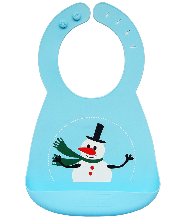 Light blue silicone bib featuring a cheerful snowman with a black hat, green scarf, and red buttons. The bib has an adjustable neck and a crumb pocket at the bottom.