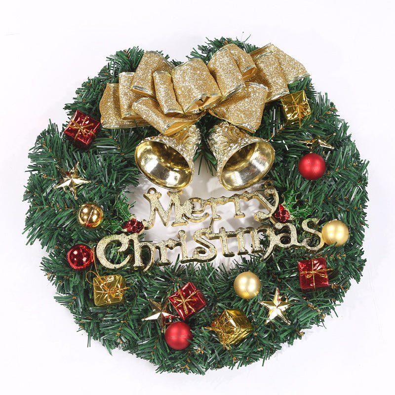 Festive Christmas wreath with gold bells, bow, and "Merry Christmas" sign, adorned with red and gold baubles, stars, and small wrapped gifts.