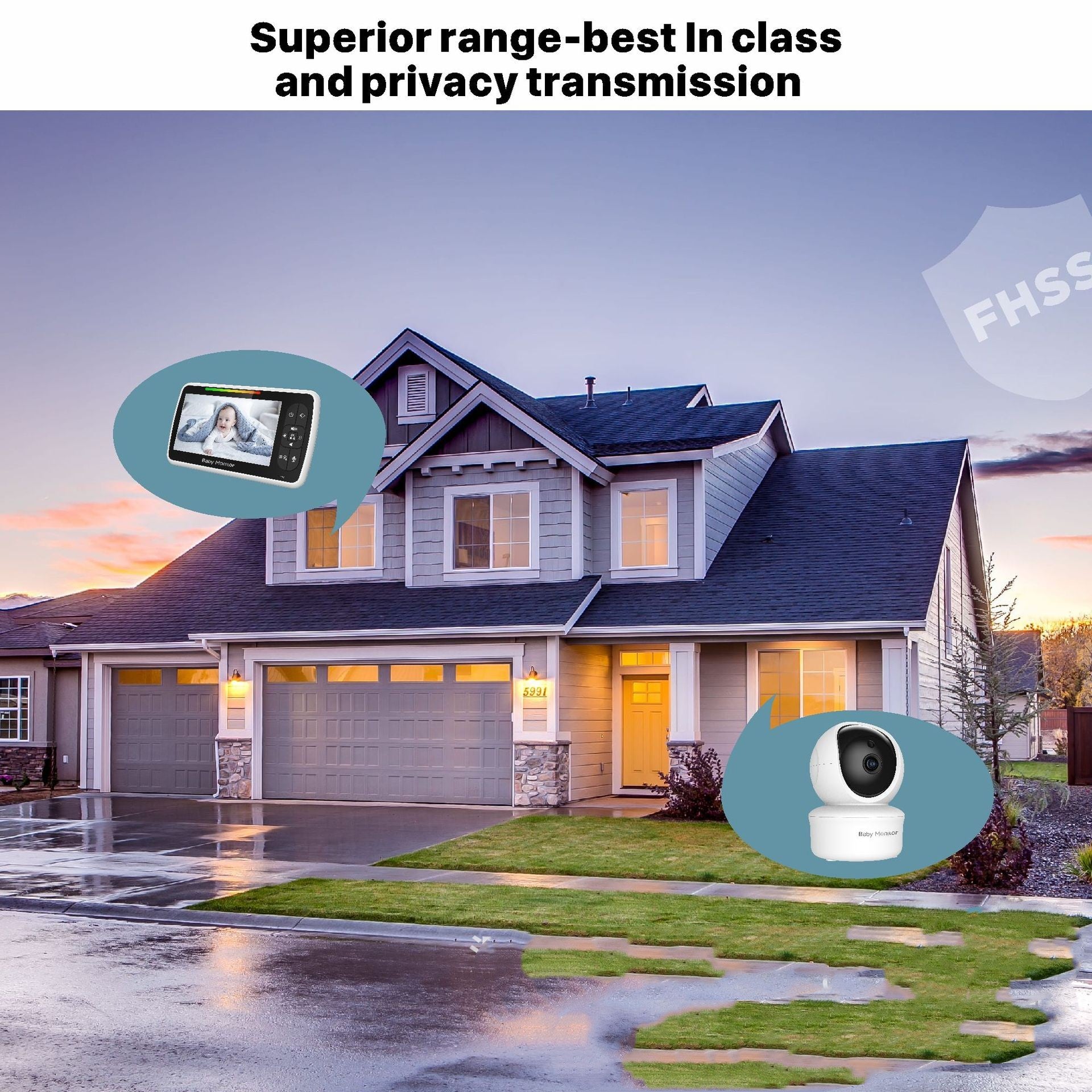 Modern house at sunset with graphic of a baby monitor and camera overlay. Text reads, "Superior range-best in class and privacy transmission", featuring FHSS technology.