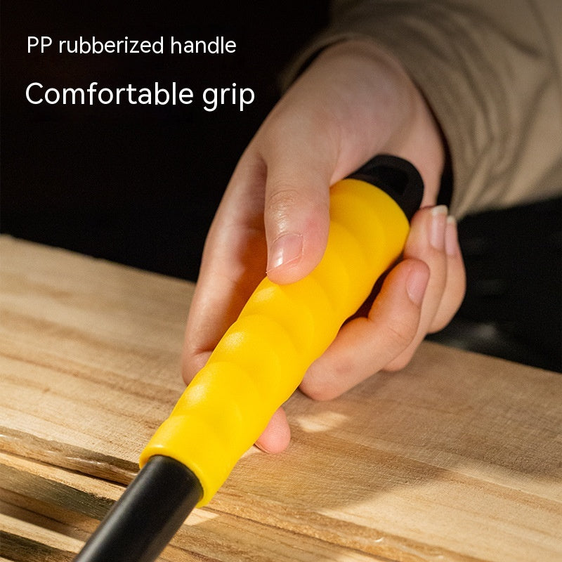 Close-up of a hand gripping a yellow PP rubberized handle on a wooden surface. Text reads "PP rubberized handle, Comfortable grip."
