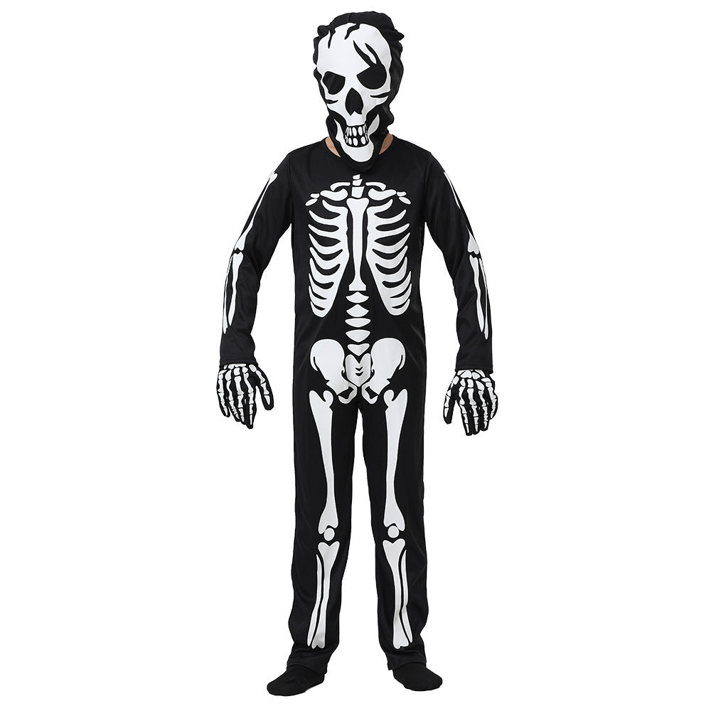 Person wearing a skeleton costume with a black base and white bone designs, including a skull mask. The outfit covers the entire body, including hands and feet, for a spooky effect.