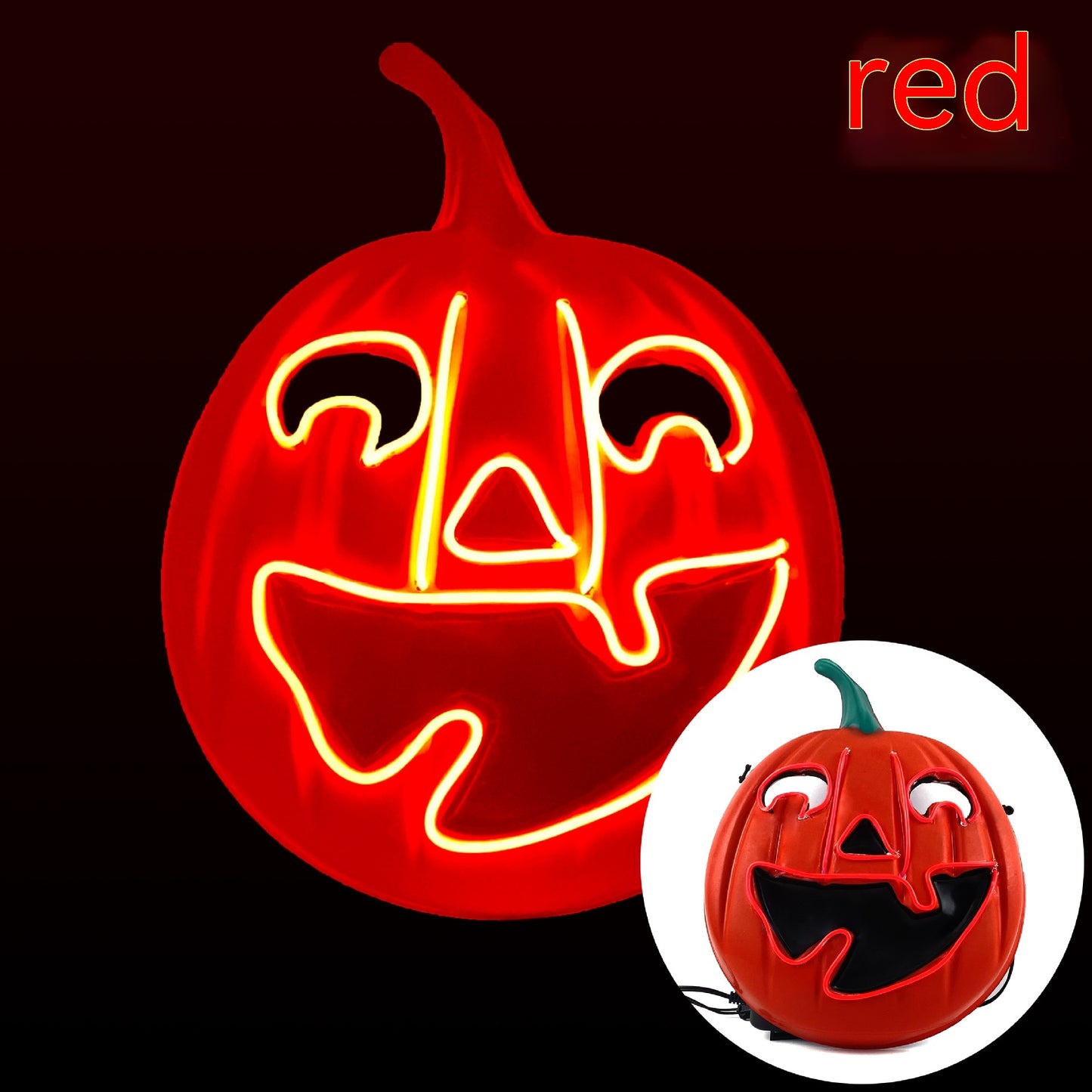 Glowing red Jack-o'-lantern face with neon outlines on a black background. Inset shows an unlit version with a green stem. The word "red" is displayed in the top right corner.