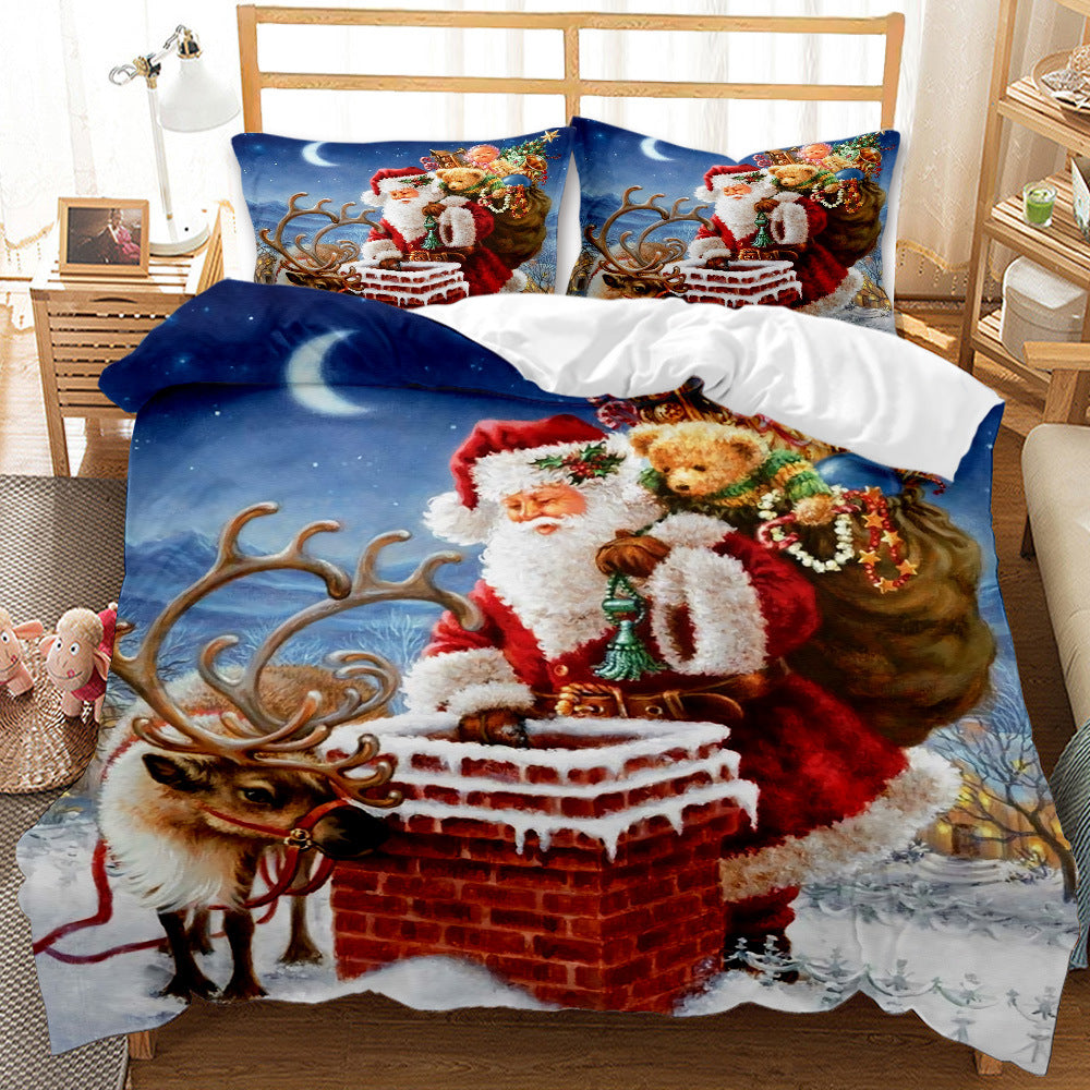 Festive bedding set featuring Santa Claus with a sack of gifts and a reindeer by a snowy chimney under a crescent moon, creating a cozy holiday atmosphere in the room.