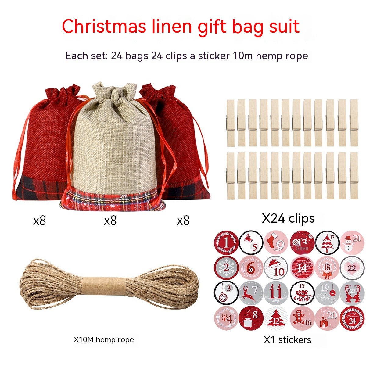 Christmas gift set includes 24 linen bags (red and beige), 24 wooden clips, 10m of hemp rope, and numbered stickers for an advent calendar.