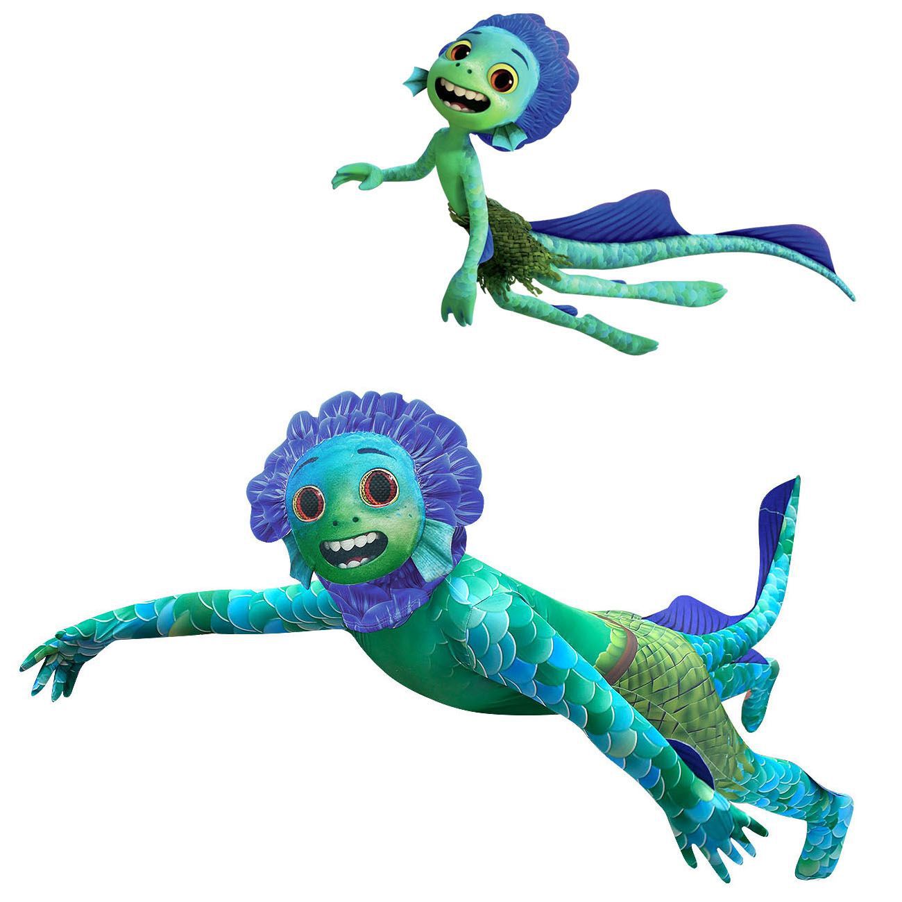 Two colorful sea creature characters with green scales and fins, smiling and swimming. They have vibrant blue and purple features and animated facial expressions.
