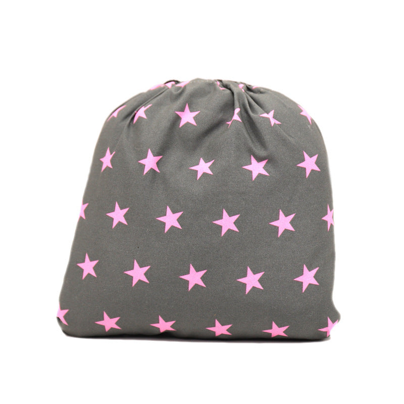 Gray drawstring bag with evenly spaced pink stars. The design features a simple closure at the top, creating a casual and playful look.