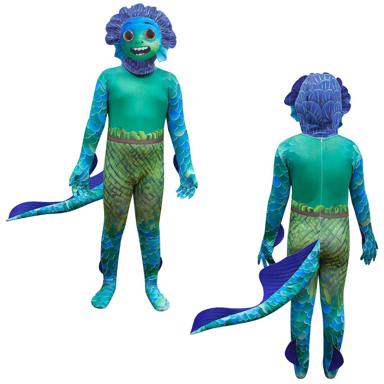 Child-sized sea creature costume with blue-green scales, fins, and a mask featuring wide eyes and teeth. Shown from the front and back with tail detailing.