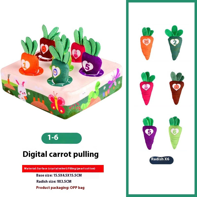 Toy set with colorful plush radishes on a decorated base. Each radish has a number. Includes dimensions and packaging details. Background has playful illustrations.